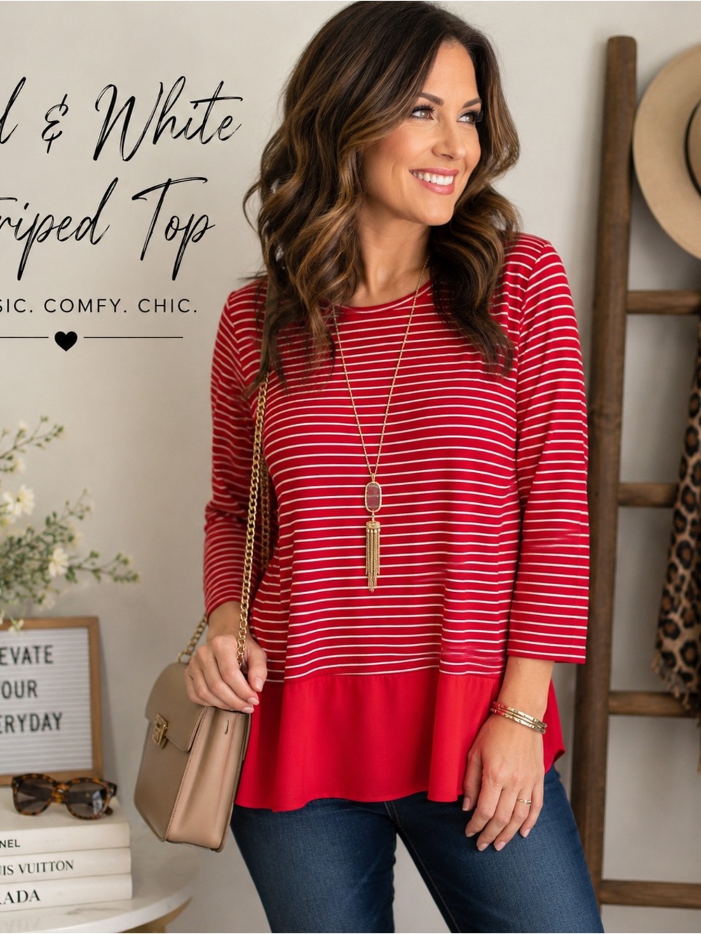 ❤️ NWT B.L.E.U. SZ:L Striped Lagenlook Multimedia Red white stripe Tunic Top NEW